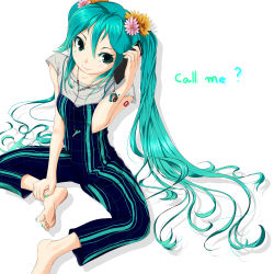 Rule 34 | 1girl, aqua eyes, aqua hair, aqua nails, barefoot, cameo, capri pants, cellphone, cellphone charm, cellphone strap, charm (object), feet, flower, green nails, hachune miku, hands on feet, hatsune miku, highres, jewelry, long hair, nail polish, necklace, pants, phone, ponnu, sitting, smile, soles, solo, spread legs, striped, toes, twintails, vertical stripes, vocaloid