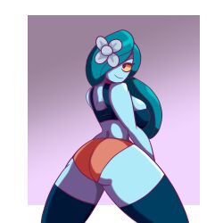 Rule 34 | 1girl, blue hair, blue skin, colored sclera, colored skin, enter the gungeon, flower, hair flower, hair ornament, highres, iggy-bomb, long hair, looking back, shorts, smile, solo, sports bra, synergrace (enter the gungeon), tagme, thick thighs, thighhighs, thighs, yellow sclera