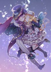 Rule 34 | 2girls, ;), bang dream!, blonde hair, blue bow, blue flower, blue rose, boots, bow, cape, cape hold, dress, flower, frilled dress, frilled legwear, frills, fur trim, hair bow, hair flower, hair ornament, hair over shoulder, hat, hat feather, horns, juliet sleeves, knee boots, kneehighs, long hair, long sleeves, looking at viewer, makino (727me727), mary janes, mask, mask on head, monocle, multiple girls, one eye closed, pants, pink bow, pink flower, pink rose, puffy sleeves, purple hair, red eyes, rose, seta kaoru, sheep horns, sheep tail, shoes, sleep mask, smile, socks, star (symbol), striped clothes, striped pants, tail, top hat, tsurumaki kokoro, yellow eyes
