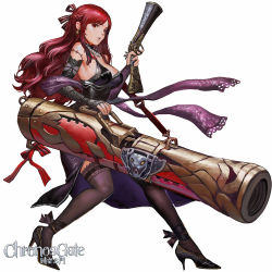Rule 34 | 1girl, bare shoulders, bow, braid, canking, cannon, chronos gate, detached collar, dual wielding, elbow gloves, gloves, gun, hair bow, handgun, high heels, holding, pistol, red eyes, red hair, simple background, solo, thighhighs, wavy hair, weapon, white background