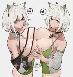 Rule 34 | 2girls, animal ears, arknights, asymmetrical docking, breast press, breasts, cat ears, cat girl, cleavage cutout, clothing cutout, downblouse, from above, highres, huge breasts, kal&#039;tsit (arknights), multiple girls, nuggetkouhai, tagme, white hair