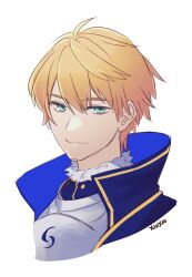 Rule 34 | 1boy, absurdres, aqua eyes, armor, arthur pendragon (fate), artist name, blonde hair, closed mouth, cropped shoulders, fate/grand order, fate (series), fur trim, highres, looking at viewer, male focus, portrait, short hair, simple background, smile, solo, white background, yumyum