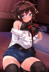 Rule 34 | 1girl, ahoge, bad id, bad twitter id, bag, bed, black hair, black shirt, black thighhighs, blue eyes, blue skirt, blush, braid, breasts, commentary request, cowboy shot, hair flaps, hair ornament, hair over shoulder, indoors, jewelry, kantai collection, layered shirt, long hair, long sleeves, looking at viewer, medium breasts, nijimoto hirok, off-shoulder shirt, off shoulder, panties, pantyshot, parted lips, pencil skirt, pillow, ring, shigure (kancolle), shigure kai ni (kancolle), shirt, shoulder bag, single braid, sitting, skindentation, skirt, sleeveless, sleeveless shirt, solo, sweat, tan, tanline, thighhighs, turtleneck, underwear, wedding band, white shirt