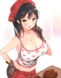 Rule 34 | 1girl, black hair, blush, breasts, brown gloves, chocolate, chocolate making, cleavage, commentary request, flying sweatdrops, gloves, hand on own hip, head scarf, heart, heart print, large breasts, long hair, looking at viewer, navel, original, parted lips, simple background, smile, solo, tank top, yaegashi nan, yellow eyes