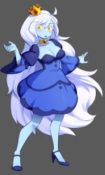 Rule 34 | 1girl, adventure time, blue dress, blue skin, breasts, cleavage, colored skin, crown, dress, flowerpigeon73, grey background, high heels, highres, ice queen (adventure time), large breasts, long hair, medium breasts, solo, white hair, yellow eyes
