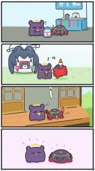 Rule 34 | 4koma, absurdres, alarm clock, beamed eighth notes, chibi, clock, comic, commentary, eating, eighth note, english commentary, fang, fat, food, food stand, highres, hololive, hololive english, holostars, holostars english, ice cream, kronie (ouro kronii), magmite (magni dezmond), mpien, musical note, open mouth, popsicle, porch, shaved ice, silent comic, spoon, takodachi (ninomae ina&#039;nis), virtual youtuber, yukimin (yukihana lamy)