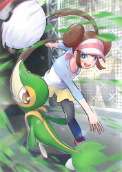 Rule 34 | 1girl, :d, absurdres, black pantyhose, blue eyes, bow, breasts, bright pupils, brown hair, cleavage, commentary request, creatures (company), double bun, floating hair, game freak, gen 5 pokemon, hair bun, highres, leaning forward, looking at viewer, motion blur, nintendo, open mouth, pantyhose, pantyhose under shorts, pink bow, poke ball, poke ball (basic), pokemon, pokemon (creature), pokemon bw2, raglan sleeves, rosa (pokemon), short shorts, shorts, smile, snivy, sparkle, standing, teeth, throwing, tomu (nuri pic), tongue, twintails, upper teeth only, visor cap, white pupils, yellow shorts
