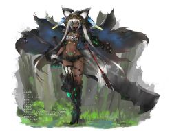 Rule 34 | 1girl, animal ears, armored boots, boots, breasts, cape, claws, cleavage, commentary request, dark-skinned female, dark skin, fantasy, feathers, forest, fox ears, fox tail, full body, gond, green eyes, highres, holding, holding weapon, hood, knight, long hair, nature, navel, original, single thighhigh, small breasts, solo, standing, tail, tan, thighhighs, twintails, weapon, white hair