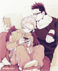 Rule 34 | 2boys, alternate costume, black-framed eyewear, black shirt, boku no hero academia, book, casual, collarbone, couple, endeavor (boku no hero academia), facial hair, feathered wings, feathers, glasses, hawks (boku no hero academia), highres, holding, holding book, large pectorals, male focus, mature male, multiple boys, muscular, muscular male, pectoral cleavage, pectorals, pink theme, popo take, scar, scar across eye, scar on face, shirt, short hair, sideburns, sitting, sitting on lap, sitting on person, spiked hair, stubble, veins, wings, yaoi