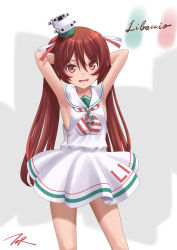 Rule 34 | 1girl, anchor ornament, arms behind head, arms up, artist logo, brown eyes, brown hair, character name, clothes writing, commentary request, cowboy shot, dress, fang, highres, kantai collection, libeccio (kancolle), long hair, looking at viewer, neckerchief, revision, sailor collar, sailor dress, solo, standing, striped neckerchief, striped neckwear, t2r, tan, tanline, twintails, white background, white sailor collar