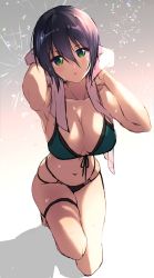 Rule 34 | 1girl, :o, arm up, armpits, bare shoulders, bikini, black hair, breasts, cleavage, collarbone, front-tie bikini top, front-tie top, fujiya takao, green bikini, green eyes, hair between eyes, highres, kusunoki suzu, large breasts, looking at viewer, multi-strapped bikini, navel, original, parted lips, short hair, skindentation, solo, swimsuit, thigh strap, thighs, towel, towel around neck, unfinished