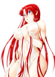 Rule 34 | 1girl, :o, bare shoulders, blue eyes, breasts, covering privates, female focus, hand on thigh, highres, hip focus, hong meiling, large breasts, long hair, looking at viewer, naked towel, niwatazumi, no headwear, nude cover, open mouth, red hair, simple background, solo, standing, touhou, towel, very long hair, white background