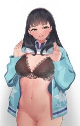 Rule 34 | 1girl, black bra, black hair, blunt bangs, blush, bottomless, bra, breasts, censored, clothes lift, commission, female pubic hair, gradient background, green eyes, highres, isonokami tao, jacket, lifted by self, long hair, long sleeves, looking at viewer, medium breasts, open clothes, open jacket, pretty mundane, pubic hair, shin megami tensei, shin megami tensei v, simple background, skeb commission, solo, sweat, underwear