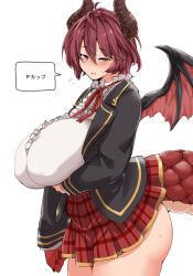 Rule 34 | 1girl, blush, breast hold, breasts, claws, clothes lift, demekyon, dragon girl, dragon horns, dragon tail, dragon wings, grea (shingeki no bahamut), horns, large breasts, looking at viewer, red hair, school uniform, shingeki no bahamut, short hair, simple background, skirt, skirt lift, solo, tail, translation request, wings