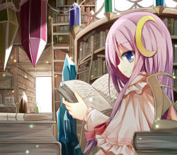 Rule 34 | 1girl, blue eyes, book, capelet, chair, crescent, crescent hair ornament, crystal, female focus, hair ornament, ladder, library, long hair, patchouli knowledge, purple hair, solo, touhou, yuuhagi (amaretto-no-natsu)