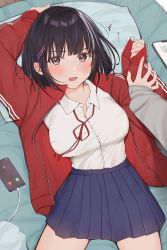 Rule 34 | 1girl, ahoge, arm behind head, black hair, blue skirt, blunt bangs, blush, bob cut, brown eyes, cellphone, charger, collared shirt, commentary request, cowboy shot, hair ornament, hairclip, highres, jacket, long sleeves, looking at viewer, lower teeth only, lying, motion lines, neck ribbon, on back, open clothes, open jacket, open mouth, original, phone, pillow, pleated skirt, pov, red jacket, ribbon, school uniform, shirt, shirt tucked in, short hair, skirt, sleeve cuffs, sleeves past wrists, smartphone, solo focus, striped clothes, striped jacket, teeth, track jacket, uiri-na, white shirt, wing collar, zipper