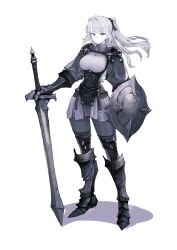 Rule 34 | 1girl, armor, breasts, colored skin, full body, grey eyes, grey hair, highres, holding, holding shield, holding sword, holding weapon, jun (navigavi), long hair, looking at viewer, medium breasts, original, ponytail, shadow, shield, simple background, slit pupils, solo, standing, sword, weapon, white background, white skin