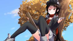 Rule 34 | 1girl, autumn leaves, beret, black hair, black hat, black jacket, black thighhighs, blue sky, blush, closed mouth, commentary, cookie (touhou), day, full body, gradient hair, grey footwear, grey hair, grey skirt, hat, highres, holding, holding paper, holding pen, jacket, kurotsuki hiiragi, long hair, looking at viewer, multicolored hair, outdoors, paper, pen, pleated skirt, red scarf, red shirt, scarf, shirt, shoes, sitting, skirt, sky, sneakers, solo, the chicken that appears in the middle of cookie, thighhighs, tree, very long hair, yuyusu (cookie)
