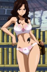 Rule 34 | 1girl, alcohol, blush, bottle, bra, breasts, brown hair, cana alberona, cleavage, fairy tail, holding, holding bottle, long hair, navel, panties, screencap, standing, stitched, tattoo, third-party edit, underwear, white bra, white panties