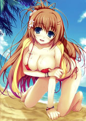 Rule 34 | 1girl, absurdres, all fours, barefoot, beach, bikini, blue eyes, blush, breast hold, breasts, brown hair, cleavage, cloud, covered erect nipples, day, female focus, flower, full body, hair flower, hair ornament, hairpin, hanging breasts, highres, huge filesize, large breasts, leaning forward, long hair, looking at viewer, o-ring, o-ring top, open mouth, outdoors, palm tree, red bikini, sand, shiny skin, side-tie bikini bottom, skindentation, sky, smile, solo, strap slip, swimsuit, tomose shunsaku, towel, tree, wet
