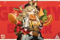 Rule 34 | 1girl, animal ear fluff, animal ears, arknights, bag, black headwear, blonde hair, blush, breasts, burger, cat ears, cat girl, cat tail, cheese, cleavage, clothes around waist, covered navel, cropped jacket, cucumber, eating, food, fur trim, highleg, highleg leotard, highres, holding, holding food, jacket, large breasts, leotard, long hair, onion, open clothes, open jacket, orange leotard, quercus (arknights), red background, rhodes island logo (arknights), shopping bag, solo, su-85 (su 85), tail, text background, tomato, twitter username, underbust, white jacket, yellow eyes