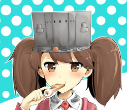 Rule 34 | 10s, 1girl, blue background, blush, brown eyes, brown hair, collared shirt, eating, food, hat, holding, holding food, jacket, kantai collection, looking at viewer, max melon, polka dot, polka dot background, portrait, red jacket, ryuujou (kancolle), shirt, solo, twintails, white shirt