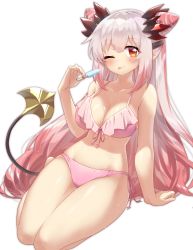 Rule 34 | 1girl, nanashi inc., ;p, arm support, bare arms, bare shoulders, bikini, blush, breasts, cleavage, demon tail, food, frilled bikini, frills, hand up, highres, holding, holding food, honey strap, long hair, medium breasts, mizunashi (second run), multicolored hair, one eye closed, pink bikini, pointy ears, popsicle, red eyes, red hair, side-tie bikini bottom, sidelocks, silver hair, simple background, solo, streaked hair, suou patra, swimsuit, tail, tongue, tongue out, very long hair, virtual youtuber, white background