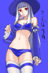 Rule 34 | 1girl, adapted costume, bandeau, bare shoulders, bikini, blue background, breasts, candy, capcom, capcom fighting jam, detached sleeves, food, hat, highres, ingrid (capcom), lollipop, long hair, looking at viewer, midnight bliss, mouth hold, narrow waist, navel, purple bikini, red eyes, silver hair, simple background, skinny, slender, solo, swimsuit, swirl lollipop, tetsu (kimuchi), thighhighs, toned, top hat, translation request, white thighhighs