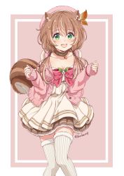 Rule 34 | 1girl, absurdres, acorn, animal ear fluff, animal ears, ayunda risu, ayunda risu (1st costume), beret, blush, bow, breasts, brown hair, cardigan, cleavage, collarbone, commentary, cowboy shot, dress, fur choker, fuusuke (fusuke208), green eyes, hair between eyes, hair ornament, hairclip, hat, highres, hololive, hololive indonesia, leaf hair ornament, looking at viewer, medium breasts, medium hair, multicolored hair, open cardigan, open clothes, open mouth, pink background, pink bow, pink cardigan, pink hat, ribbed legwear, simple background, sleeves past wrists, smile, solo, squirrel ears, squirrel tail, streaked hair, tail, thighhighs, twintails, twitter username, two-tone hair, virtual youtuber, white dress, white hair, white thighhighs, zettai ryouiki
