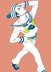 Rule 34 | 1boy, blue hair, chounorin, dixie cup hat, hat, higashikata josuke (jojolion), jojo no kimyou na bouken, jojolion, male focus, military hat, sailor, shoes, sneakers, solo, yellow eyes