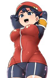 Rule 34 | 1girl, arms behind head, arms up, bike shorts, black eyes, black hair, breasts, creatures (company), game freak, hat, highres, keriage, medium breasts, mole, mole under eye, nintendo, open mouth, pokemon, pokemon masters ex, pokemon ranger (pokemon), short hair, smile, solo, uniform, white background