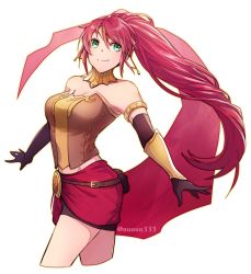 Rule 34 | 1girl, armlet, black gloves, breasts, choker, cleavage, cowboy shot, cropped legs, earrings, elbow gloves, floating hair, gloves, green eyes, hair between eyes, jewelry, large breasts, long hair, midriff, miniskirt, nunun, outstretched arm, ponytail, pyrrha nikos, red hair, red skirt, rwby, simple background, skirt, solo, standing, stomach, strapless, twitter username, very long hair, white background