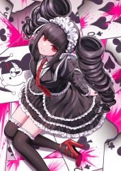 Rule 34 | 1girl, black dress, black hair, blouse, card, celestia ludenberg, collared shirt, danganronpa: trigger happy havoc, danganronpa (series), deadnooodles, dress, drill hair, frilled thighhighs, frills, from above, hairband, head tilt, highres, lolita hairband, long hair, looking at viewer, monokuma, necktie, playing card, red eyes, red footwear, red necktie, shirt, sitting, smile, solo, thighhighs, twin drills, very long hair, white shirt