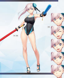 Rule 34 | 1girl, asymmetrical hair, bare shoulders, black one-piece swimsuit, black ribbon, blue eyes, blue one-piece swimsuit, blue sky, blush, breasts, bun cover, cleavage, closed mouth, clothes pull, collarbone, competition swimsuit, covered navel, cowboy shot, day, fate/grand order, fate (series), hair bun, hair ribbon, highleg, highleg swimsuit, highres, koyama hirokazu, large breasts, long hair, looking at viewer, miyamoto musashi (fate), miyamoto musashi (fate/grand order), miyamoto musashi (swimsuit berserker) (fate), ocean, official art, one-piece swimsuit, outdoors, pink hair, ribbon, sideboob, single hair bun, sky, smile, solo, sparkle, standing, swept bangs, swimsuit, thighs, toy sword, two-tone swimsuit, wristband