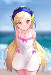 Rule 34 | 1girl, absurdres, arms behind back, blonde hair, blue hairband, breasts, butterfly hair ornament, cleavage, cloud, cloudy sky, collarbone, commission, cosplay, cowboy shot, dress, frilled hairband, frills, hair ornament, hairband, highres, kinrucy, lavenza (persona 5), leaning forward, long hair, looking at viewer, ocean, oshino shinobu, oshino shinobu (cosplay), outdoors, persona, persona 5, sky, small breasts, smile, solo, sundress, swept bangs, very long hair, white dress, yellow eyes
