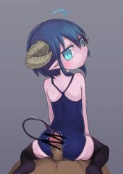 Rule 34 | 1boy, 1girl, ahoge, ass, back, bare shoulders, blue eyes, blue hair, buttjob, buttjob over clothes, censored, dark-skinned male, dark skin, demon girl, demon tail, from behind, girl on top, grinding, hetero, horns, looking at viewer, looking back, one-piece swimsuit, penis, pointy ears, pov, precum, ruu bot, sitting, sitting on person, slit pupils, sounding, swimsuit, tail, thighhighs, urethral insertion