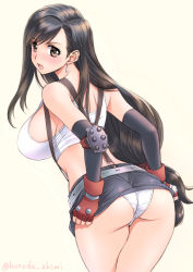 Rule 34 | 1girl, ass, bare shoulders, black hair, black skirt, blush, breasts, brown eyes, clothes lift, cowboy shot, crop top, earrings, elbow gloves, elbow pads, eyelashes, final fantasy, final fantasy vii, fingerless gloves, from behind, gloves, jewelry, kuroda akimi, large breasts, lifting own clothes, lips, long hair, looking back, open mouth, panties, pantyshot, pencil skirt, shirt, shoulder blades, sideboob, simple background, skirt, solo, standing, suspenders, tank top, tifa lockhart, twitter username, underwear, white panties, white shirt