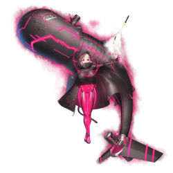 Rule 34 | 1girl, absurdres, attack, aura, black cape, black footwear, black gloves, blunt bangs, bodysuit, bodysuit under clothes, bracer, breasts, cape, character request, covered mouth, crop top, crop top overhang, crossed legs, facial mark, firing, gloves, hair ornament, high collar, highres, holographic touchscreen, hood, hooded cape, large breasts, long hair, looking away, looking to the side, machinery, mechanical tail, muzzle flash, outstretched arm, pink bodysuit, pink eyes, qingmingtongzi, shiny clothes, simple background, smoke, solo, standing, tail, torpedo, warship girls r, whale, white background, white hair