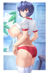 Rule 34 | 1girl, absurdres, ass, ass focus, ayanami rei, blue hair, blush, buruma, butt crack, clothes lift, from behind, gym shirt, gym uniform, highres, huge ass, indoors, looking at viewer, looking back, mogudan, neon genesis evangelion, nipples, red buruma, red eyes, shiny skin, shirt, shirt lift, short hair, solo, standing, thick thighs, thighhighs, thighs, white thighhighs