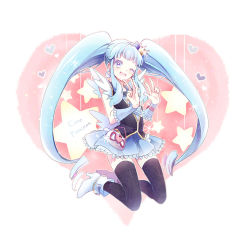 Rule 34 | 10s, 1girl, blue eyes, blue hair, blue skirt, blue thighhighs, boots, character name, crown, cure princess, double v, earrings, eyelashes, grin, happinesscharge precure!, happy, heart, heart background, high heels, iku2727, jewelry, jumping, looking at viewer, magical girl, matching hair/eyes, one eye closed, open mouth, precure, shirayuki hime, shirt, skirt, smile, solo, thighhighs, thighs, v, white background, wink, wrist cuffs, zettai ryouiki