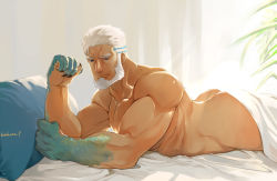 Rule 34 | 1boy, aegir (tokyo houkago summoners), aqua hair, ass, bara, beard, blue eyes, butt crack, completely nude, dark skin, dark skinned male, facial hair, fins, hinokumo f, large pectorals, lying, male focus, mature male, multicolored hair, muscular, muscular male, naked sheet, nude, old, old man, on bed, on stomach, short hair, solo, streaked hair, sunlight, thighs, tokyo houkago summoners, white hair