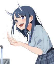 Rule 34 | 1girl, :d, aoki ruri, blue eyes, blue hair, blue necktie, blue shirt, blush, collared shirt, dark blue hair, dragon girl, dragon horns, fangs, faucet, hands up, highres, horns, leaning forward, long hair, long sleeves, looking at viewer, medakamui, multicolored eyes, necktie, open mouth, parted bangs, pink eyes, plaid, plaid skirt, pleated skirt, ruri dragon, school uniform, shirt, simple background, sink, skirt, sleeves rolled up, slit pupils, smile, solo, swept bangs, white background