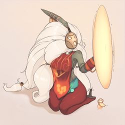 Rule 34 | 1girl, 34no404, bard (league of legends), big hair, breasts, cum, ejaculation, gender request, genderswap, handjob, high heels, large breasts, league of legends, long hair, mask, penis, portal (object), seiza, sideboob, simple background, sitting, solo, solo focus, tabard, very long hair, white hair