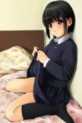 Rule 34 | 1girl, against wall, bed, black hair, black skirt, black socks, black sweater, blanket, blunt bangs, blush, clothes lift, floral print, green eyes, highres, indoors, kneehighs, lifting own clothes, long sleeves, looking at viewer, looking to the side, matsunaga kouyou, no shoes, on bed, original, parted lips, pillow, rose print, school uniform, serafuku, short hair, sitting, skirt, skirt lift, smile, socks, solo, sweater, tareme, thighs, wariza, wing collar