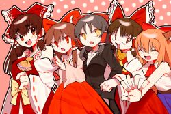 5girls :3 ascot benikurage_(cookie) black_eyes black_hair black_jacket blazer blush bow bowtie brown_hair brown_horns closed_eyes commentary_request cookie_(touhou) cowboy_shot detached_sleeves frilled_bow frilled_hair_tubes frilled_shirt_collar frills hair_bow hair_tubes hakurei_reimu hitsuji_tamura horns ibuki_suika jacket kanna_(cookie) long_hair looking_at_viewer multiple_girls office_lady open_mouth orange_hair pink_background red_bow red_bowtie red_eyes red_shirt red_skirt reu_(cookie) ribbon-trimmed_sleeves ribbon_trim sananana_(cookie) shirt short_hair sidelocks skirt skirt_set sleeveless sleeveless_shirt smile touhou triangle_mouth white_sleeves yamin_(cookie) yellow_ascot yellow_eyes