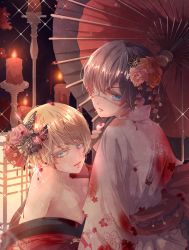 Rule 34 | 2boys, alois trancy, bishounen, black butterfly, black hair, blonde hair, blue eyes, bug, butterfly, butterfly hair ornament, candle, candle wax, candlelight, ciel phantomhive, crossdressing, flower, girly boy, hair flower, hair ornament, highres, holding, holding umbrella, indoors, insect, japanese clothes, kuroshitsuji, looking at viewer, male focus, multiple boys, open mouth, parted lips, short hair, sitting, sitting on person, trap, umbrella, xikuliliangyuanzichihanli