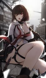 Rule 34 | 1girl, absurdres, black hair, bra, breasts, choker, cleavage, counter:side, ddangbi, gloves, highres, holding, holding sword, holding weapon, joo shiyoung, lock, loose necktie, navel, necktie, one eye closed, open mouth, padlock, padlocked collar, red eyes, skirt, solo, sword, thighs, underwear, weapon