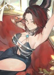 Rule 34 | 1girl, animal ears, arm behind head, arm tattoo, arm up, armpits, black dress, black hair, blue gemstone, breasts, center opening, cleavage, commentary, commission, couch, cowboy shot, dress, final fantasy, final fantasy xiv, from above, gem, highres, jewelry, kanji tattoo, large breasts, looking at viewer, looking to the side, lucadark art, multicolored hair, navel, necklace, on couch, orange eyes, parted lips, plunging neckline, rabbit ears, rabbit girl, red hair, short hair, side slit, sitting, solo, streaked hair, tattoo, thighs, two-tone hair, viera, warrior of light (ff14)