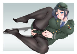 Rule 34 | 1girl, absurdres, black hair, black pantyhose, blue eyes, blue necktie, blush, breasts, cameltoe, chouno ami, closed mouth, commentary, commission, covering privates, covering crotch, dress shirt, english commentary, feet, female service cap, girls und panzer, green headwear, green jacket, green skirt, grey background, head tilt, highres, jacket, large breasts, leg up, legs, long sleeves, looking at viewer, lying, military, military uniform, miniskirt, mixed-language commentary, necktie, no shoes, on side, outside border, pantyhose, pencil skirt, pixiv commission, shadow, shirt, short hair, siki2046, skirt, skirt tug, smile, solo, spread legs, swept bangs, thighband pantyhose, thighs, toes, uniform, white shirt, wing collar