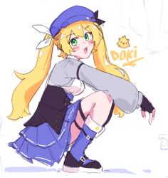 Rule 34 | black footwear, black gloves, blonde hair, blue hat, blue skirt, blush stickers, character name, cropped jacket, dokibird (vtuber), dragoon (dokibird), fingerless gloves, from side, full body, gloves, green eyes, grey jacket, hat, indie virtual youtuber, jacket, kazuont, long hair, long sleeves, looking at viewer, open clothes, open jacket, open mouth, shirt, simple background, skirt, smile, squatting, teeth, twintails, underbust, upper teeth only, virtual youtuber, white background, white shirt